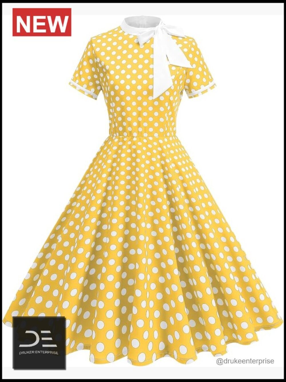 Vintage Polka Dot Short Sleeve Tie Neck Swing Midi Dress 1950s Retro